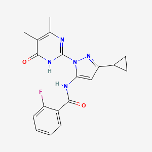 molecular formula C19H18FN5O2 B2850182 N-(3-cyclopropyl-1-(4,5-dimethyl-6-oxo-1,6-dihydropyrimidin-2-yl)-1H-pyrazol-5-yl)-2-fluorobenzamide CAS No. 1202990-74-6