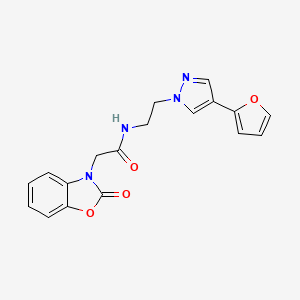 molecular formula C18H16N4O4 B2850259 N-(2-(4-(furan-2-yl)-1H-pyrazol-1-yl)ethyl)-2-(2-oxobenzo[d]oxazol-3(2H)-yl)acetamide CAS No. 2034327-29-0