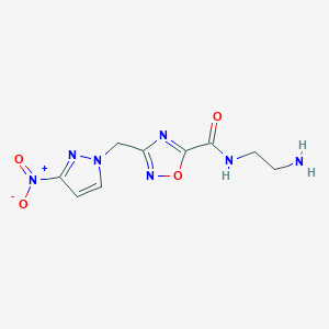molecular formula C9H11N7O4 B2850263 N-(2-aminoethyl)-3-[(3-nitro-1H-pyrazol-1-yl)methyl]-1,2,4-oxadiazole-5-carboxamide CAS No. 1006993-71-0