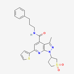 molecular formula C25H26N4O3S2 B2850278 1-(1,1-dioxidotetrahydrothiophen-3-yl)-3-methyl-N-(3-phenylpropyl)-6-(thiophen-2-yl)-1H-pyrazolo[3,4-b]pyridine-4-carboxamide CAS No. 1021075-18-2