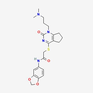 molecular formula C21H26N4O4S B2850294 N-(benzo[d][1,3]dioxol-5-yl)-2-((1-(3-(dimethylamino)propyl)-2-oxo-2,5,6,7-tetrahydro-1H-cyclopenta[d]pyrimidin-4-yl)thio)acetamide CAS No. 898459-92-2