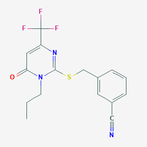 molecular formula C16H14F3N3OS B2850297 3-({[6-Oxo-1-propyl-4-(trifluoromethyl)-1,6-dihydro-2-pyrimidinyl]sulfanyl}methyl)benzenecarbonitrile CAS No. 860609-29-6