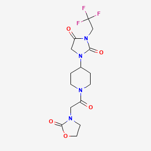 molecular formula C15H19F3N4O5 B2850366 1-{1-[2-(2-Oxo-1,3-oxazolidin-3-yl)acetyl]piperidin-4-yl}-3-(2,2,2-trifluoroethyl)imidazolidine-2,4-dione CAS No. 2097917-78-5