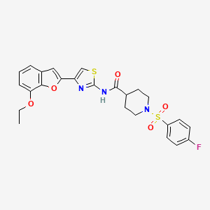 molecular formula C25H24FN3O5S2 B2850369 N-(4-(7-乙氧基苯并呋喃-2-基)噻唑-2-基)-1-((4-氟苯基)磺酰基)哌啶-4-甲酰胺 CAS No. 921780-44-1