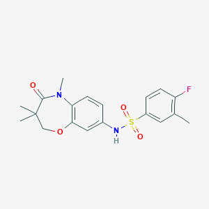 molecular formula C19H21FN2O4S B2850378 4-fluoro-3-methyl-N-(3,3,5-trimethyl-4-oxo-2,3,4,5-tetrahydro-1,5-benzoxazepin-8-yl)benzene-1-sulfonamide CAS No. 922041-19-8