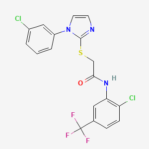 molecular formula C18H12Cl2F3N3OS B2850403 2-[1-(3-chlorophenyl)imidazol-2-yl]sulfanyl-N-[2-chloro-5-(trifluoromethyl)phenyl]acetamide CAS No. 851132-79-1