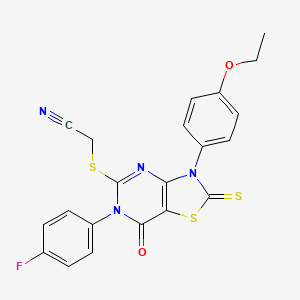 molecular formula C21H15FN4O2S3 B2850424 2-[[3-(4-Ethoxyphenyl)-6-(4-fluorophenyl)-7-oxo-2-sulfanylidene-[1,3]thiazolo[4,5-d]pyrimidin-5-yl]sulfanyl]acetonitrile CAS No. 422299-87-4