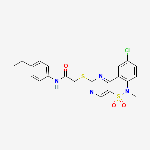 molecular formula C22H21ClN4O3S2 B2850425 2-((9-chloro-6-methyl-5,5-dioxido-6H-benzo[c]pyrimido[4,5-e][1,2]thiazin-2-yl)thio)-N-(4-isopropylphenyl)acetamide CAS No. 951513-61-4