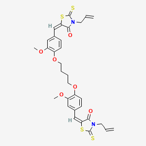 molecular formula C32H32N2O6S4 B2850429 (5E)-5-[[3-methoxy-4-[4-[2-methoxy-4-[(E)-(4-oxo-3-prop-2-enyl-2-sulfanylidene-1,3-thiazolidin-5-ylidene)methyl]phenoxy]butoxy]phenyl]methylidene]-3-prop-2-enyl-2-sulfanylidene-1,3-thiazolidin-4-one CAS No. 356569-25-0