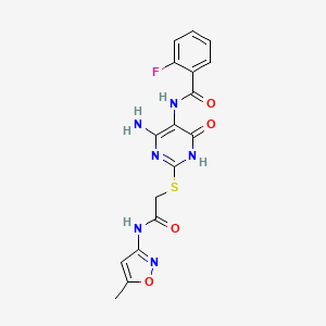 molecular formula C17H15FN6O4S B2850456 N-(4-amino-2-((2-((5-methylisoxazol-3-yl)amino)-2-oxoethyl)thio)-6-oxo-1,6-dihydropyrimidin-5-yl)-2-fluorobenzamide CAS No. 888425-32-9