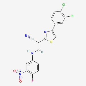 molecular formula C18H9Cl2FN4O2S B2850491 (2E)-2-[4-(3,4-dichlorophenyl)-1,3-thiazol-2-yl]-3-[(4-fluoro-3-nitrophenyl)amino]prop-2-enenitrile CAS No. 477298-48-9