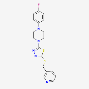 molecular formula C18H18FN5S2 B2850511 2-(4-(4-Fluorophenyl)piperazin-1-yl)-5-((pyridin-3-ylmethyl)thio)-1,3,4-thiadiazole CAS No. 1105252-22-9