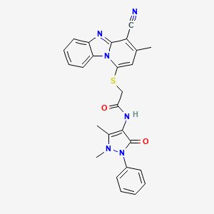 molecular formula C26H22N6O2S B2850521 2-(4-cyano-3-methylpyrido[1,2-a]benzimidazol-1-yl)sulfanyl-N-(1,5-dimethyl-3-oxo-2-phenylpyrazol-4-yl)acetamide CAS No. 861638-01-9