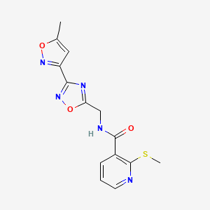 molecular formula C14H13N5O3S B2850543 N-((3-(5-methylisoxazol-3-yl)-1,2,4-oxadiazol-5-yl)methyl)-2-(methylthio)nicotinamide CAS No. 2034369-16-7