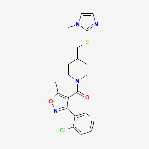 molecular formula C21H23ClN4O2S B2850544 (3-(2-chlorophenyl)-5-methylisoxazol-4-yl)(4-(((1-methyl-1H-imidazol-2-yl)thio)methyl)piperidin-1-yl)methanone CAS No. 1428363-66-9