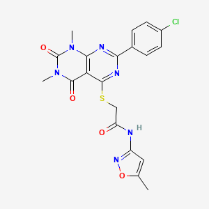 molecular formula C20H17ClN6O4S B2850552 2-((2-(4-chlorophenyl)-6,8-dimethyl-5,7-dioxo-5,6,7,8-tetrahydropyrimido[4,5-d]pyrimidin-4-yl)thio)-N-(5-methylisoxazol-3-yl)acetamide CAS No. 893916-81-9