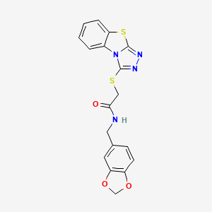molecular formula C18H14N4O3S2 B2850570 N-(1,3-benzodioxol-5-ylmethyl)-2-([1,2,4]triazolo[3,4-b][1,3]benzothiazol-3-ylsulfanyl)acetamide CAS No. 315676-82-5