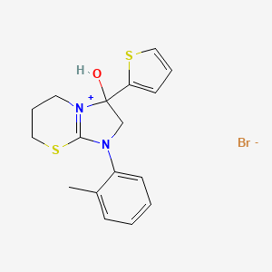 molecular formula C17H19BrN2OS2 B2850610 3-hydroxy-3-(thiophen-2-yl)-1-(o-tolyl)-3,5,6,7-tetrahydro-2H-imidazo[2,1-b][1,3]thiazin-1-ium bromide CAS No. 1107548-48-0