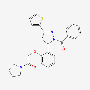 molecular formula C26H25N3O3S B2850752 2-{2-[1-benzoyl-3-(thiophen-2-yl)-4,5-dihydro-1H-pyrazol-5-yl]phenoxy}-1-(pyrrolidin-1-yl)ethan-1-one CAS No. 871318-94-4