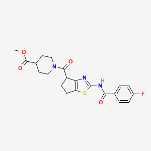 molecular formula C21H22FN3O4S B2850792 methyl 1-(2-(4-fluorobenzamido)-5,6-dihydro-4H-cyclopenta[d]thiazole-4-carbonyl)piperidine-4-carboxylate CAS No. 942004-80-0