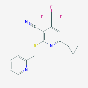 molecular formula C16H12F3N3S B2850894 6-Cyclopropyl-2-[(2-pyridinylmethyl)sulfanyl]-4-(trifluoromethyl)nicotinonitrile CAS No. 893754-28-4