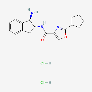 molecular formula C18H23Cl2N3O2 B2851138 N-[(1R,2R)-1-Amino-2,3-dihydro-1H-inden-2-yl]-2-cyclopentyl-1,3-oxazole-4-carboxamide;dihydrochloride CAS No. 2418594-30-4
