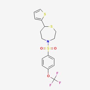 molecular formula C16H16F3NO3S3 B2851167 7-(Thiophen-2-yl)-4-((4-(trifluoromethoxy)phenyl)sulfonyl)-1,4-thiazepane CAS No. 1706225-83-3