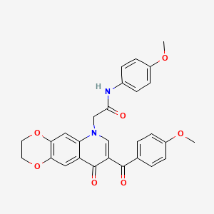 molecular formula C28H24N2O7 B2851323 2-[8-(4-methoxybenzoyl)-9-oxo-2,3-dihydro-[1,4]dioxino[2,3-g]quinolin-6-yl]-N-(4-methoxyphenyl)acetamide CAS No. 866808-41-5