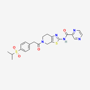 molecular formula C22H23N5O4S2 B2851372 N-(5-(2-(4-(isopropylsulfonyl)phenyl)acetyl)-4,5,6,7-tetrahydrothiazolo[5,4-c]pyridin-2-yl)pyrazine-2-carboxamide CAS No. 1351635-16-9