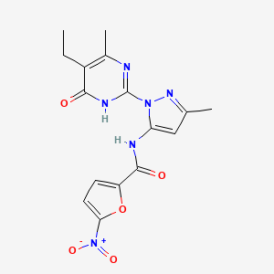 molecular formula C16H16N6O5 B2851449 N-(1-(5-Ethyl-4-methyl-6-oxo-1,6-dihydropyrimidin-2-yl)-3-methyl-1H-pyrazol-5-yl)-5-nitrofuran-2-carboxamide CAS No. 1006825-19-9