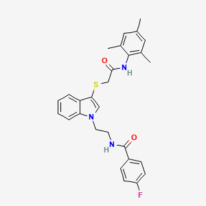 molecular formula C28H28FN3O2S B2851463 4-fluoro-N-(2-(3-((2-(mesitylamino)-2-oxoethyl)thio)-1H-indol-1-yl)ethyl)benzamide CAS No. 851714-95-9