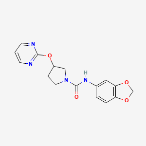molecular formula C16H16N4O4 B2851473 N-(benzo[d][1,3]dioxol-5-yl)-3-(pyrimidin-2-yloxy)pyrrolidine-1-carboxamide CAS No. 2034434-14-3