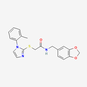 molecular formula C20H19N3O3S B2851477 N-(苯并[d][1,3]二氧杂环-5-基甲基)-2-((1-(邻甲苯基)-1H-咪唑-2-基)硫)乙酰胺 CAS No. 893369-89-6