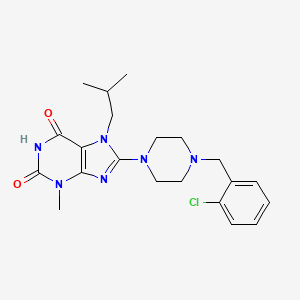 molecular formula C21H27ClN6O2 B2851616 8-[4-[(2-Chlorophenyl)methyl]piperazin-1-yl]-3-methyl-7-(2-methylpropyl)purine-2,6-dione CAS No. 879579-36-9