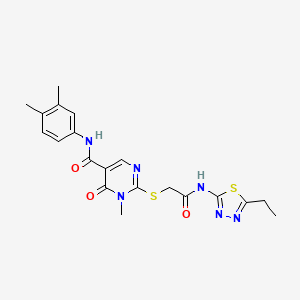 molecular formula C20H22N6O3S2 B2851628 N-(3,4-dimethylphenyl)-2-((2-((5-ethyl-1,3,4-thiadiazol-2-yl)amino)-2-oxoethyl)thio)-1-methyl-6-oxo-1,6-dihydropyrimidine-5-carboxamide CAS No. 894044-92-9