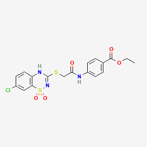 molecular formula C18H16ClN3O5S2 B2851629 ethyl 4-(2-((7-chloro-1,1-dioxido-4H-benzo[e][1,2,4]thiadiazin-3-yl)thio)acetamido)benzoate CAS No. 899966-01-9