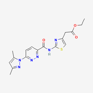 molecular formula C17H18N6O3S B2851630 ethyl 2-(2-(6-(3,5-dimethyl-1H-pyrazol-1-yl)pyridazine-3-carboxamido)thiazol-4-yl)acetate CAS No. 1351623-37-4