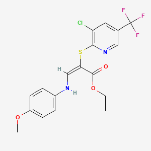 molecular formula C18H16ClF3N2O3S B2851688 Ethyl 2-{[3-chloro-5-(trifluoromethyl)-2-pyridinyl]sulfanyl}-3-(4-methoxyanilino)acrylate CAS No. 338422-78-9