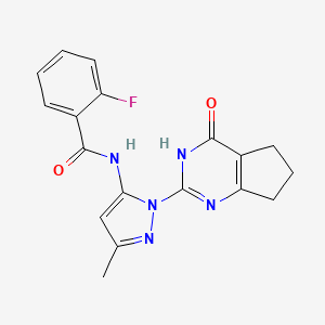 B2851697 2-fluoro-N-(3-methyl-1-(4-oxo-4,5,6,7-tetrahydro-3H-cyclopenta[d]pyrimidin-2-yl)-1H-pyrazol-5-yl)benzamide CAS No. 1003799-60-7