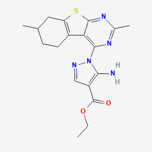 molecular formula C18H21N5O2S B2851739 Ethyl 5-amino-1-(2,7-dimethyl-5,6,7,8-tetrahydro-[1]benzothiolo[2,3-d]pyrimidin-4-yl)pyrazole-4-carboxylate CAS No. 896355-94-5