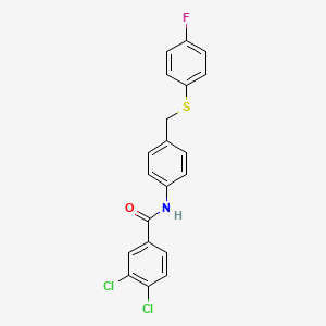 molecular formula C20H14Cl2FNOS B2851745 3,4-dichloro-N-(4-{[(4-fluorophenyl)sulfanyl]methyl}phenyl)benzenecarboxamide CAS No. 338398-81-5