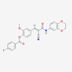 molecular formula C26H19FN2O6 B2851801 [4-[(E)-2-cyano-3-(2,3-dihydro-1,4-benzodioxin-6-ylamino)-3-oxoprop-1-enyl]-2-methoxyphenyl] 4-fluorobenzoate CAS No. 742113-53-7