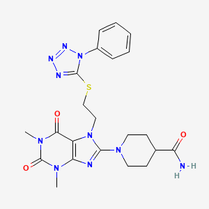molecular formula C22H26N10O3S B2851836 1-(1,3-dimethyl-2,6-dioxo-7-(2-((1-phenyl-1H-tetrazol-5-yl)thio)ethyl)-2,3,6,7-tetrahydro-1H-purin-8-yl)piperidine-4-carboxamide CAS No. 476482-82-3
