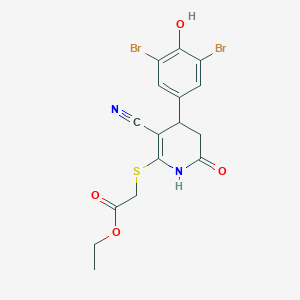 molecular formula C16H14Br2N2O4S B2851846 Ethyl {[3-cyano-4-(3,5-dibromo-4-hydroxyphenyl)-6-oxo-1,4,5,6-tetrahydropyridin-2-yl]sulfanyl}acetate CAS No. 796881-43-1