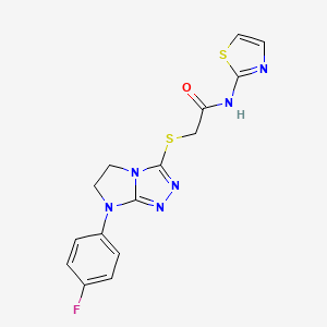molecular formula C15H13FN6OS2 B2851872 2-((7-(4-fluorophenyl)-6,7-dihydro-5H-imidazo[2,1-c][1,2,4]triazol-3-yl)thio)-N-(thiazol-2-yl)acetamide CAS No. 921515-09-5