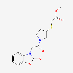 molecular formula C16H18N2O5S B2851899 methyl 2-((1-(2-(2-oxobenzo[d]oxazol-3(2H)-yl)acetyl)pyrrolidin-3-yl)thio)acetate CAS No. 2034407-35-5