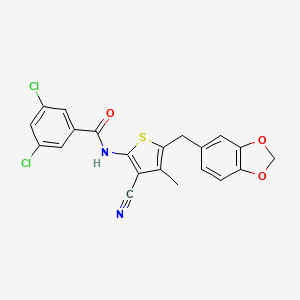 molecular formula C21H14Cl2N2O3S B2851916 N-(5-(benzo[d][1,3]dioxol-5-ylmethyl)-3-cyano-4-methylthiophen-2-yl)-3,5-dichlorobenzamide CAS No. 476367-40-5