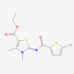 molecular formula C13H13ClN2O3S2 B2852296 2-[(5-Chloro-2-thiophenyl)-oxomethyl]imino-3,4-dimethyl-5-thiazolecarboxylic acid ethyl ester CAS No. 476643-63-7