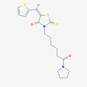 molecular formula C18H22N2O2S3 B2852359 (E)-3-(6-oxo-6-(pyrrolidin-1-yl)hexyl)-5-(thiophen-2-ylmethylene)-2-thioxothiazolidin-4-one CAS No. 613224-81-0