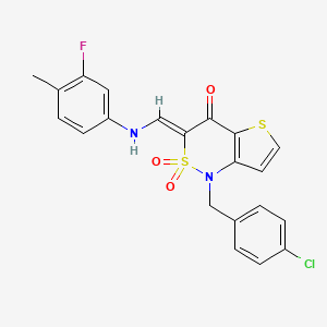 molecular formula C21H16ClFN2O3S2 B2852522 (3Z)-1-(4-chlorobenzyl)-3-{[(3-fluoro-4-methylphenyl)amino]methylene}-1H-thieno[3,2-c][1,2]thiazin-4(3H)-one 2,2-dioxide CAS No. 894678-30-9